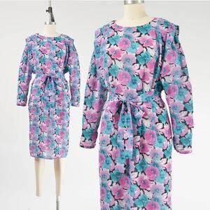 Vintage 80s Semi Sheer Floral Dolman Sleeve Slouchy Fit Midi Dress Belt XS S